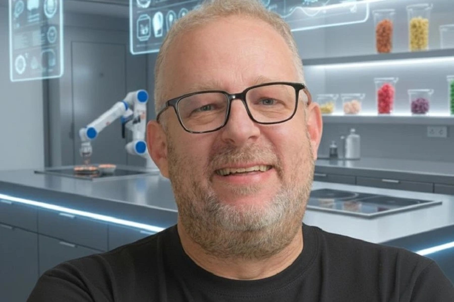 mature man in black tshirt with colorful food samples in lab backdrop